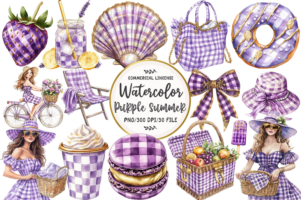 Purple Gingham Summer Clipart, an Illustration by OK Design (Photo 1 of 5)