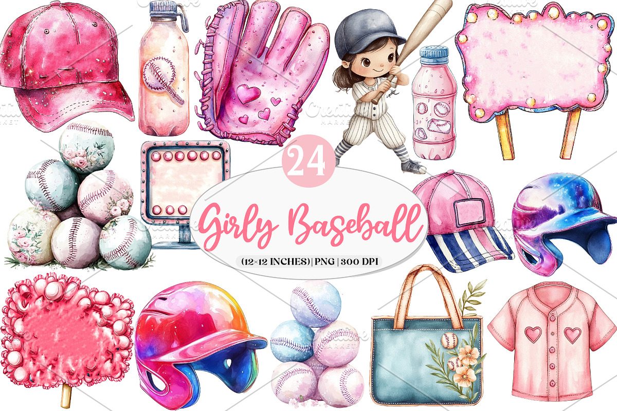 Retro Girly Baseball png Clipart, an Illustration by Watercolor design (Photo 1 of 4)