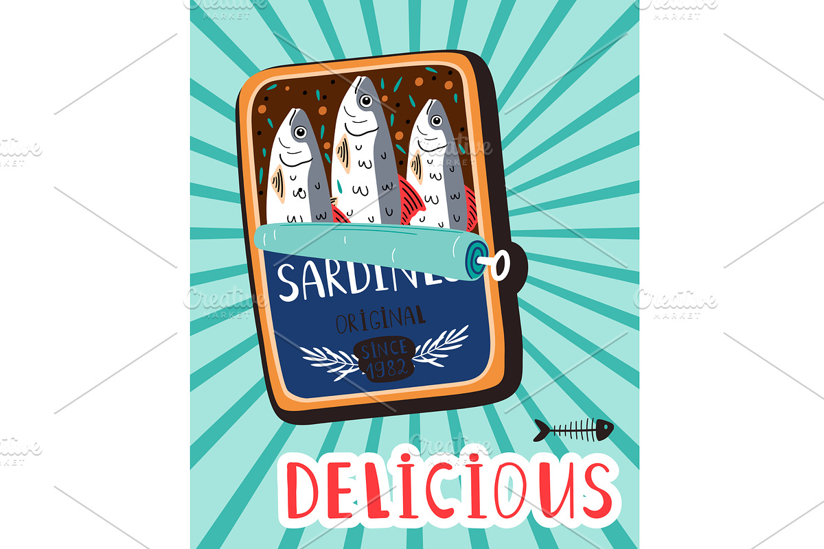 Canned sardines. Colorful seafood, a Food Illustration by Stock-Smart-Start
