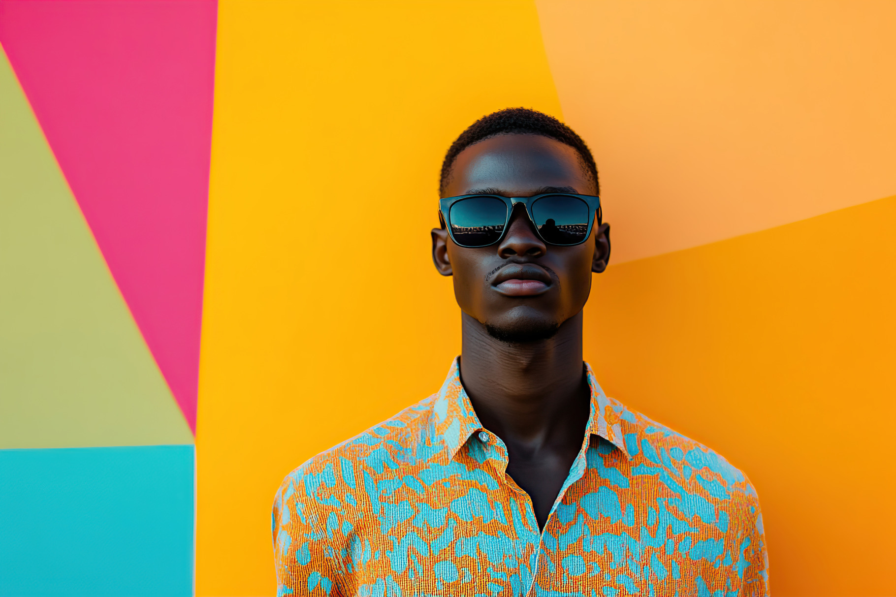 Young African man stands confidently in vibrant shirt against colorful ...