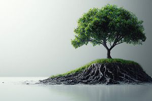 Lush green tree with exposed roots growing on small grassy islan, a Person Photo by José Manuel Gelpi