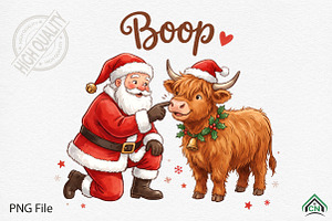 Santa booping highland cow PNG, a Seasonal Illustration by Craft Nest