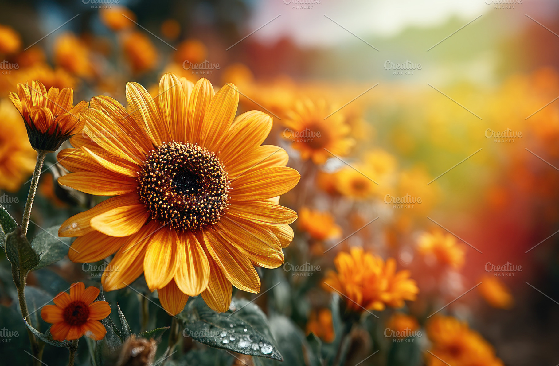Closeup of blooming sunflower with dew in a colorful summer fiel, a Nature Photo by José Manuel Gelpi