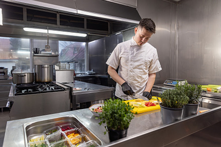 Chef slicing fresh vegetables, a Photo by Grafvision photography
