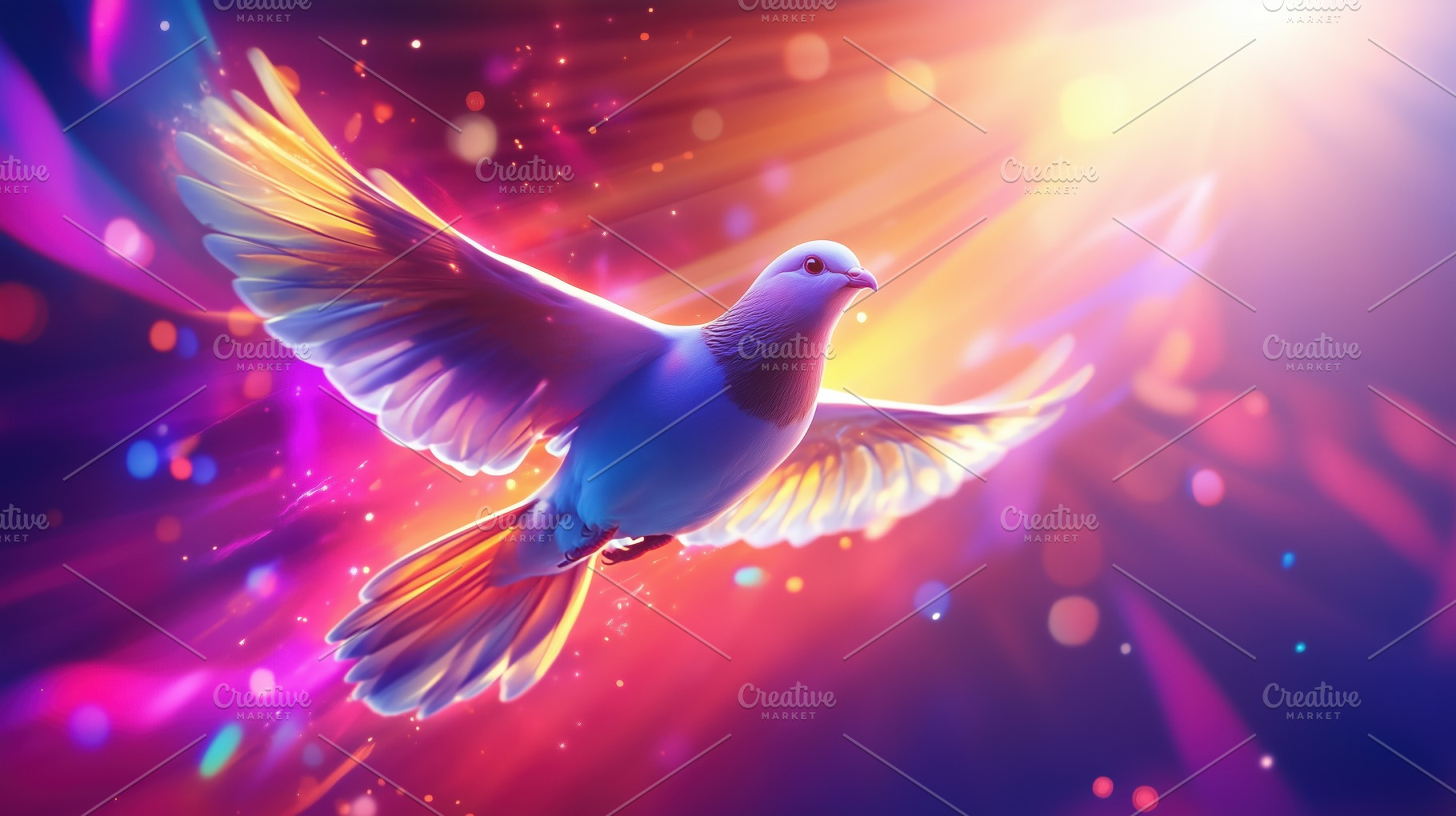 A vibrant, colorful illustration of a dove in flight, surrounded by a dreamy, g, an Animal Photo by Textures & Backgrounds