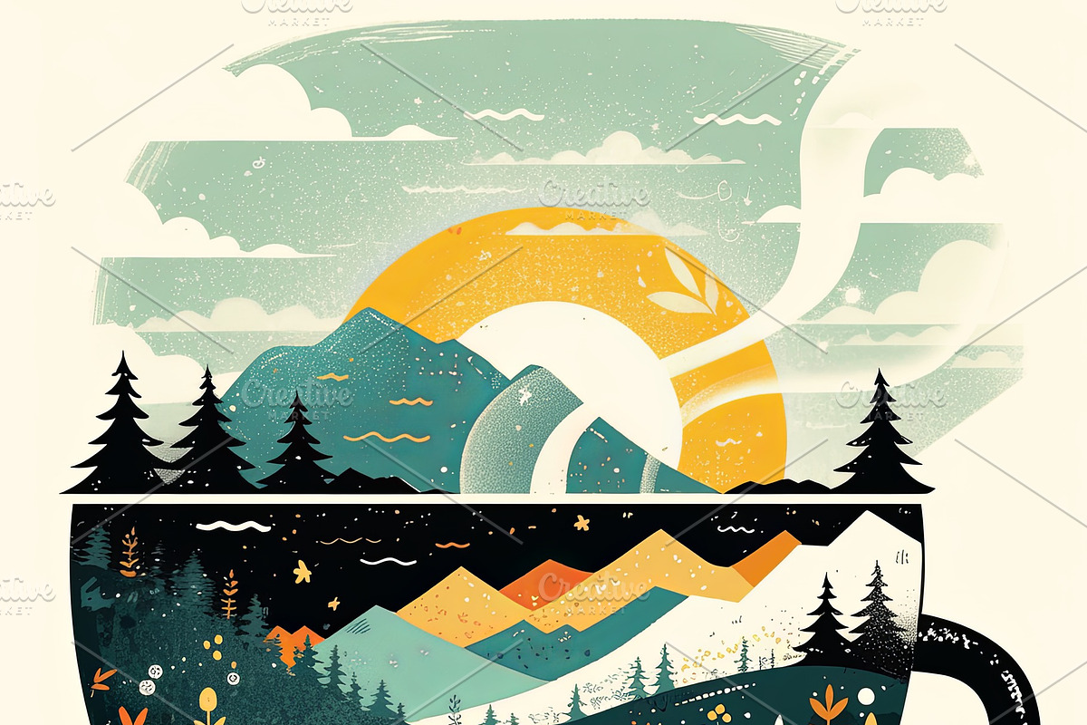 Artistic coffee cup illustration intertwining nature, landscape, and sunrise im, an Illustration by AS photostudio