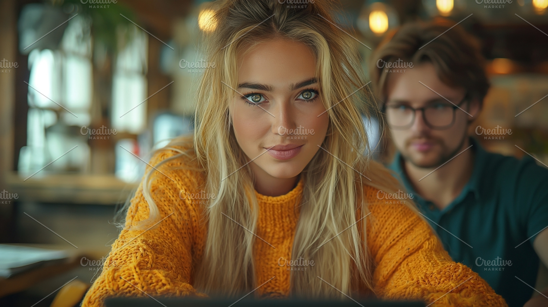A young Caucasian woman with long, blonde hair, wearing a cozy orange sweater,, a Person Photo by ImageMir