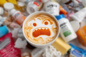 Coffee with unique latte art of a yawning face surrounded by various objects, a Photo by AlyaAnd