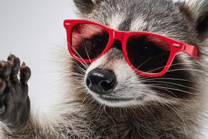 Raccoon wearing red sunglasses waves, a Photo by Beautiful things