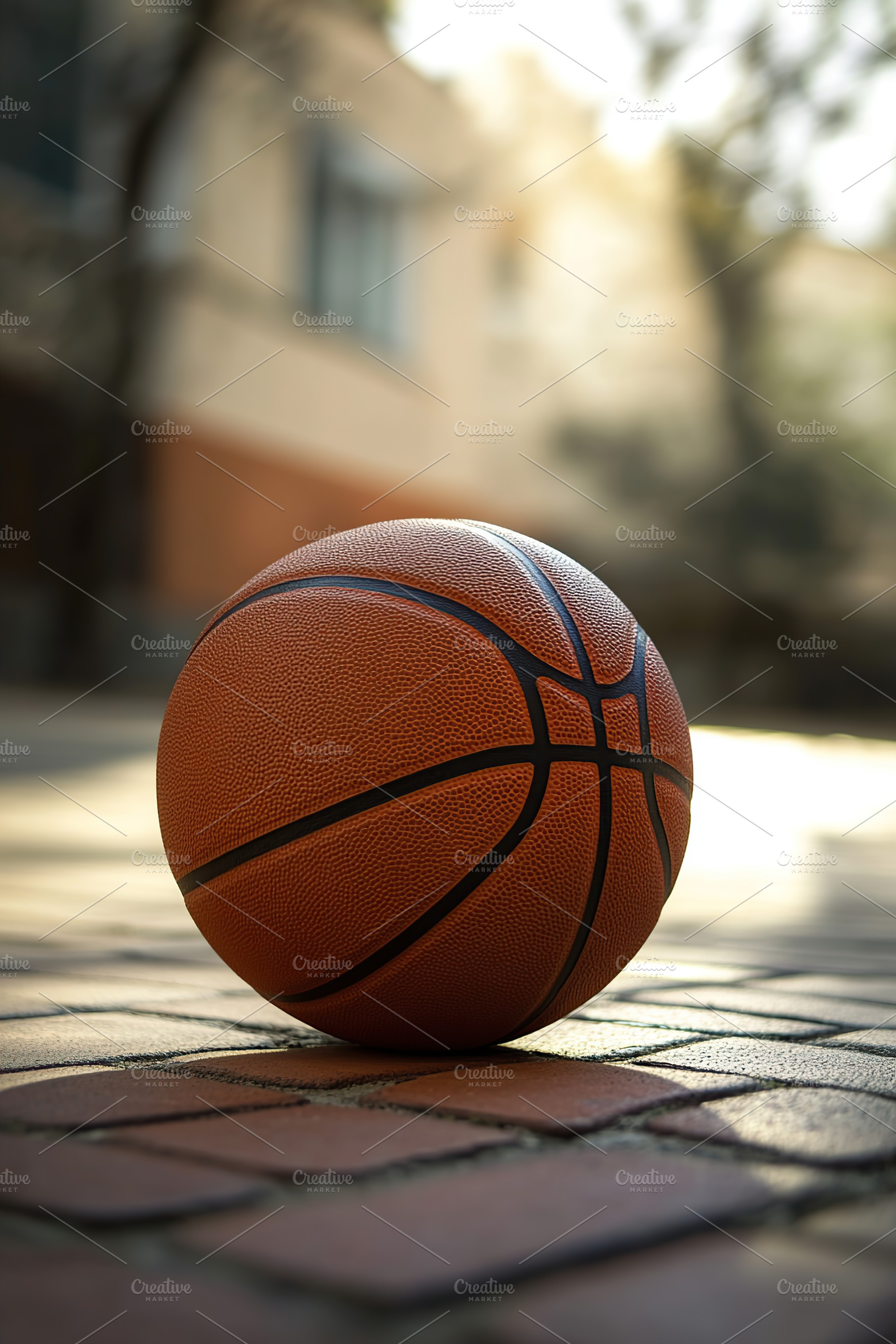 Basketball on a cobblestone street in warm afternoon light near a sports facili, a Sports & Recreation Photo by AlyaAnd