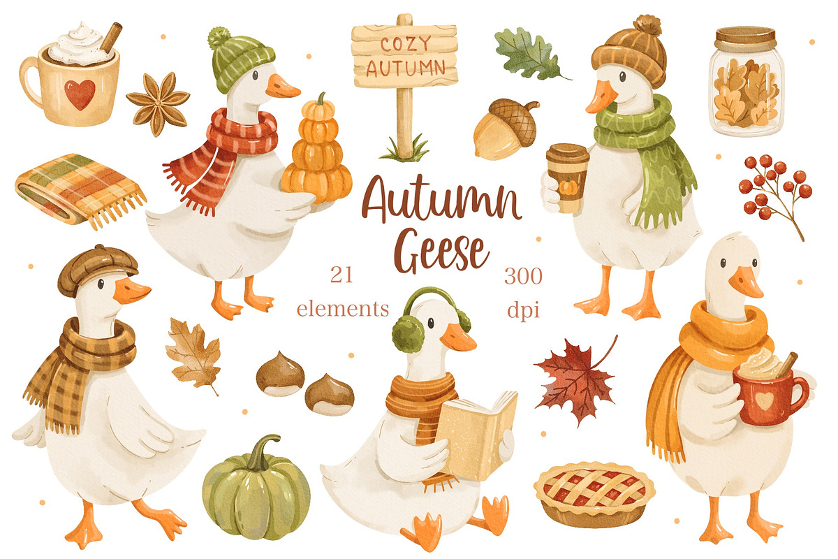 Watercolor Autumn Geese Clipart, an Animal Illustration by ArtGiftsStudio (Photo 1 of 5)