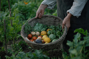 Hands holding a woven basket filled, a Photo by Tanuart