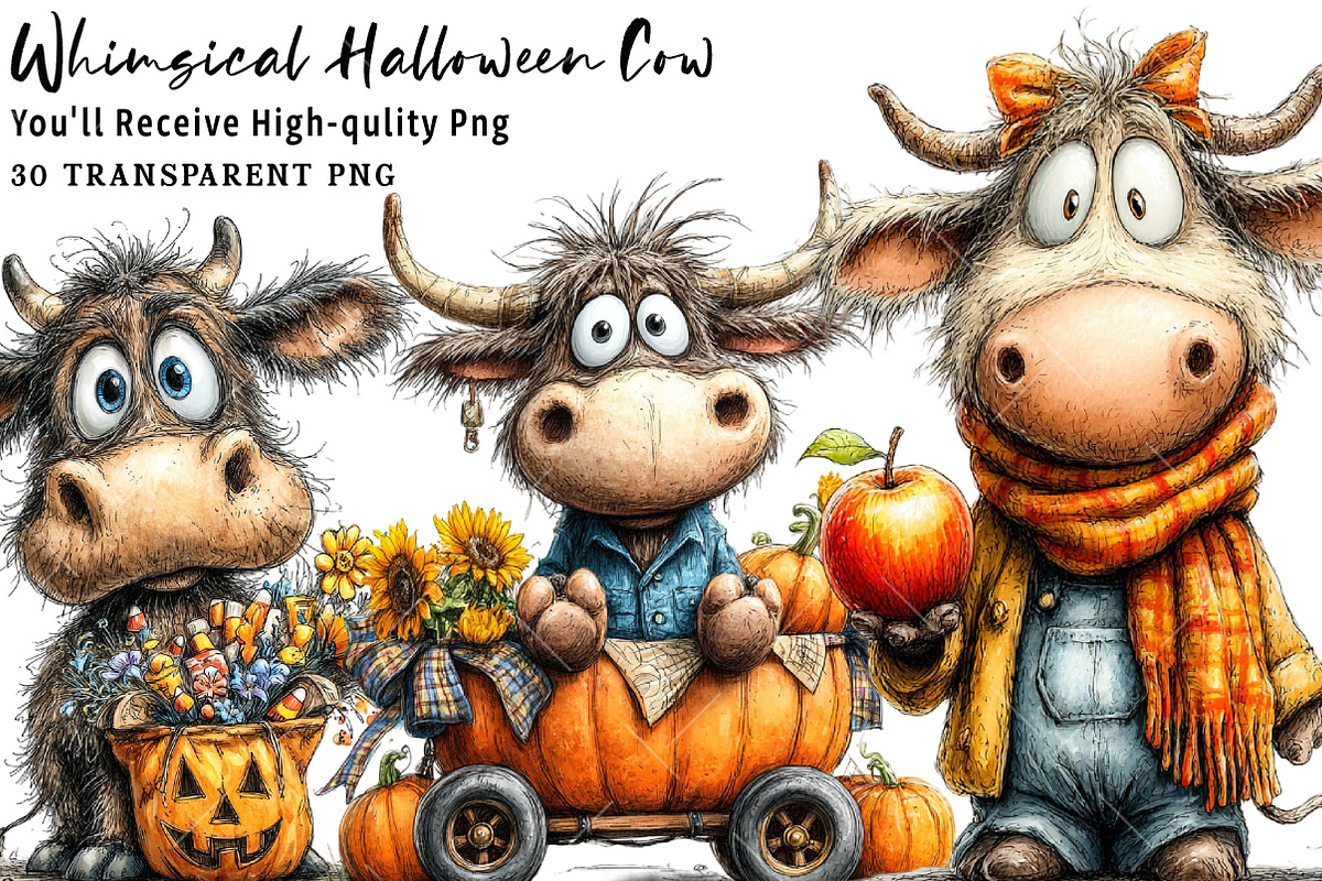 Whimsical Halloween Cow Clipart, a Seasonal Illustration by OK Design (Photo 1 of 6)