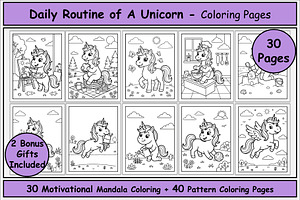 Unicorn Daily Routine Coloring Pages, an Animal Illustration by Lamia Emad