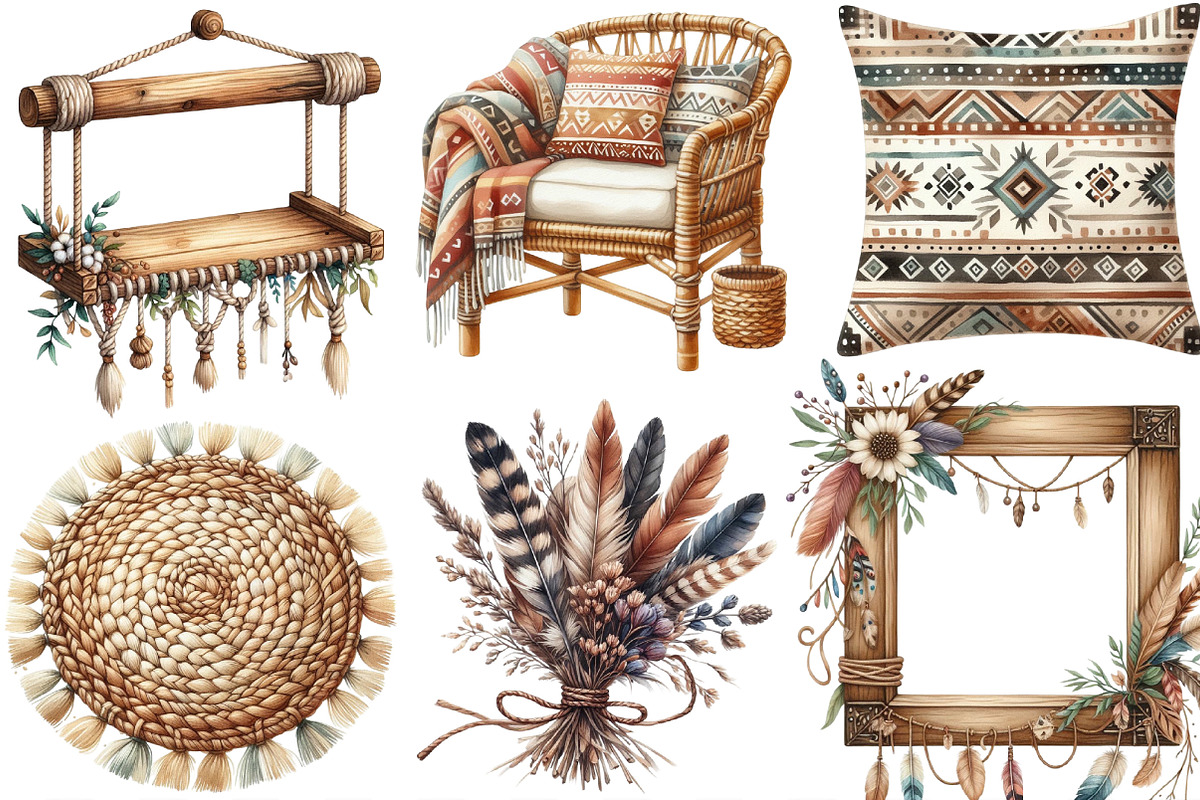 Watercolor Rustic Boho Clipart, an Illustration by Designking (Photo 2 of 4)