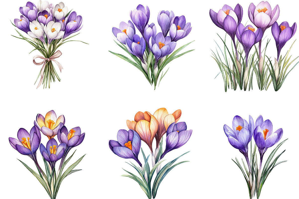 Watercolor Crocus Flowers Clipart, an Illustration by Designking (Photo 3 of 5)