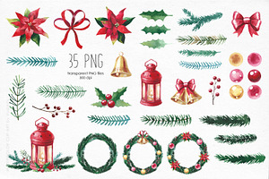 Watercolor Christmas Clipart, 35 PNG