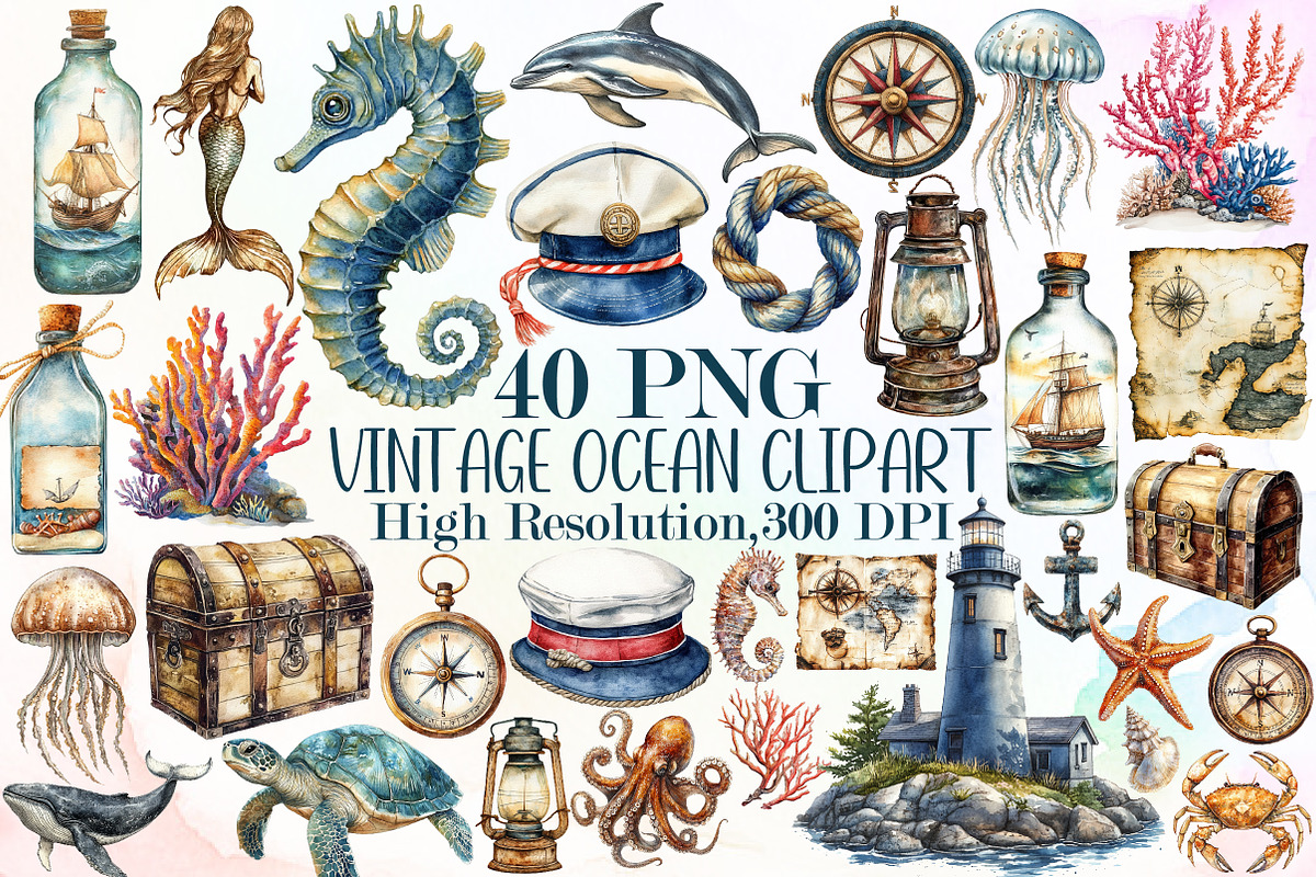 Vintage Ocean Clipart Bundle, an Illustration by Sublimation Artist (Photo 1 of 6)