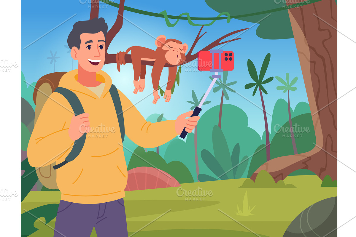Selfie. traveller in jungle outdoor, an Animal Illustration by Onyx
