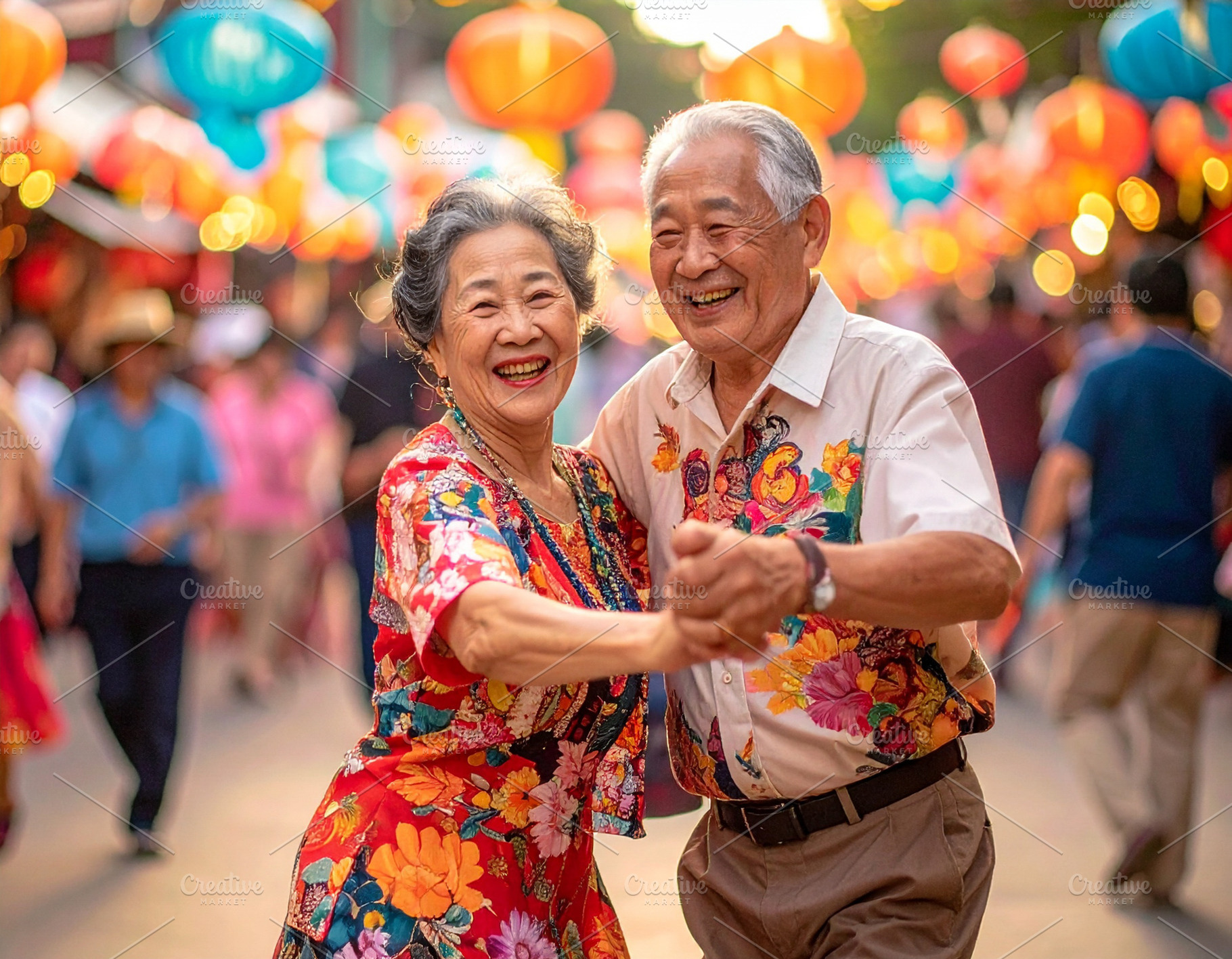 Happy senior couple dancing at a local festival, a Person Photo by DanFLCreativo