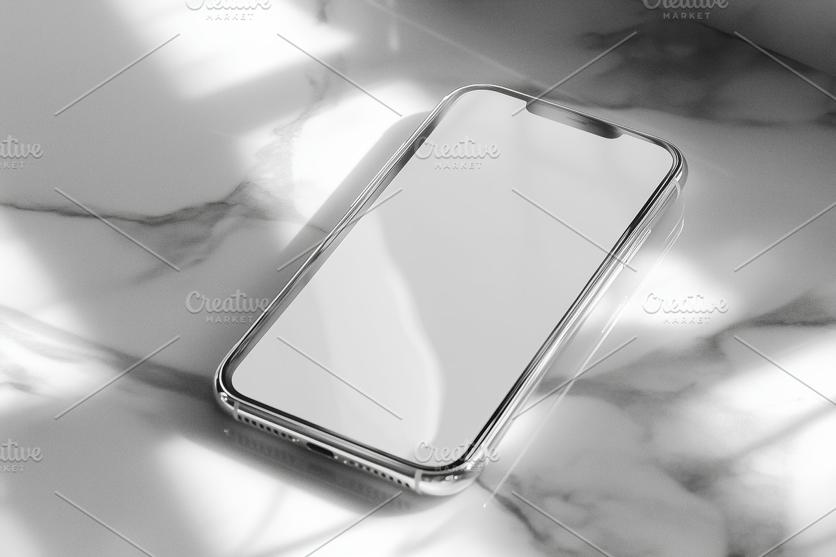 A sleek smartphone iPhone mockup with a blank screen resting on a marble surfac, an iPhone Mockup by Textures & Backgrounds