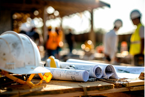 construction helmet and blueprints, an Industrial Photo by Neirfy