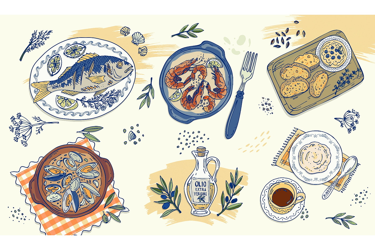 Hand drawn mediterranean food set, a Food Illustration by Zimages (Photo 1 of 3)