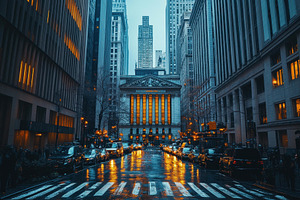 Street view of a city at dusk showca, a Photo by Tanuart