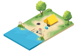 Isometric fishing and camping scene, an Illustration by Golden Sikorka