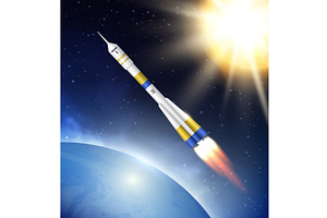 Rocket In Space. Flying Jet Rocket