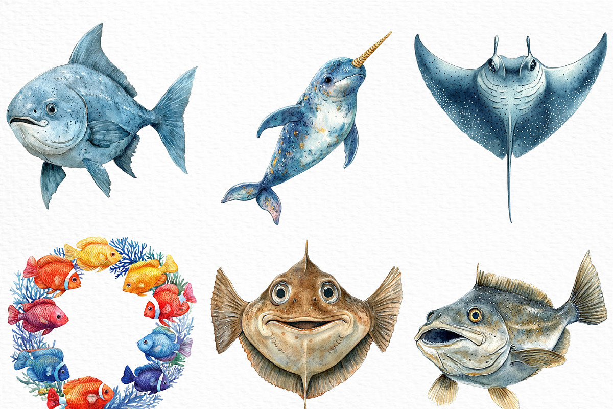 Watercolor Ocean Animals Clipart, an Illustration by Craft Nest (Photo 2 of 6)