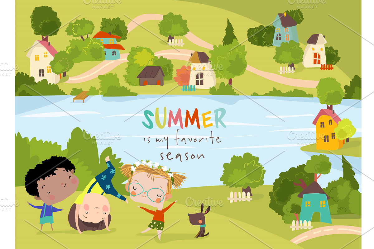 Happy Kids playing in Meadow in, a Person Illustration by Maria Starus