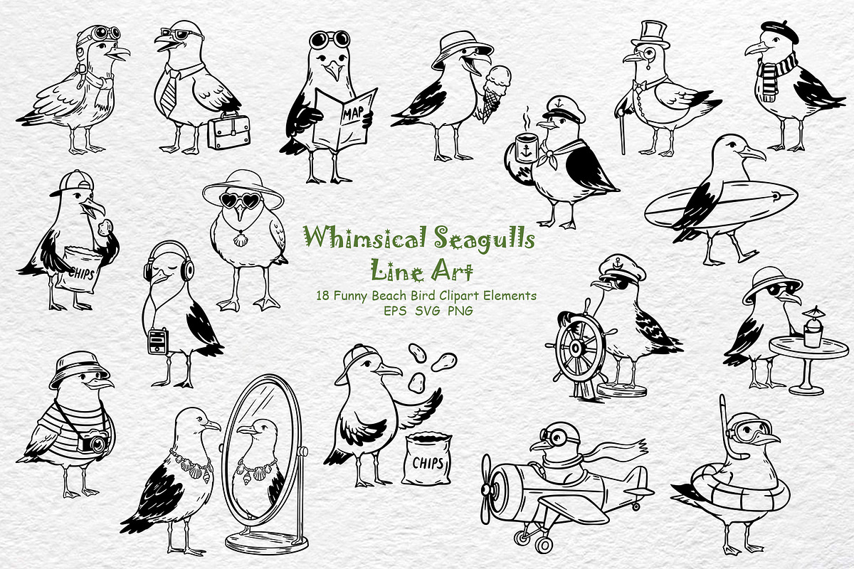 Whimsical Seagulls Line Art, an Object Graphic by Watercolor dreams (Photo 1 of 3)