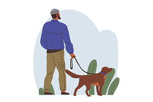 Guy walking with cute dog on leash, an Animal Illustration by robuart