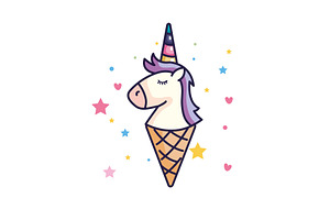 Cute Unicorn Ice Cream With Hearts