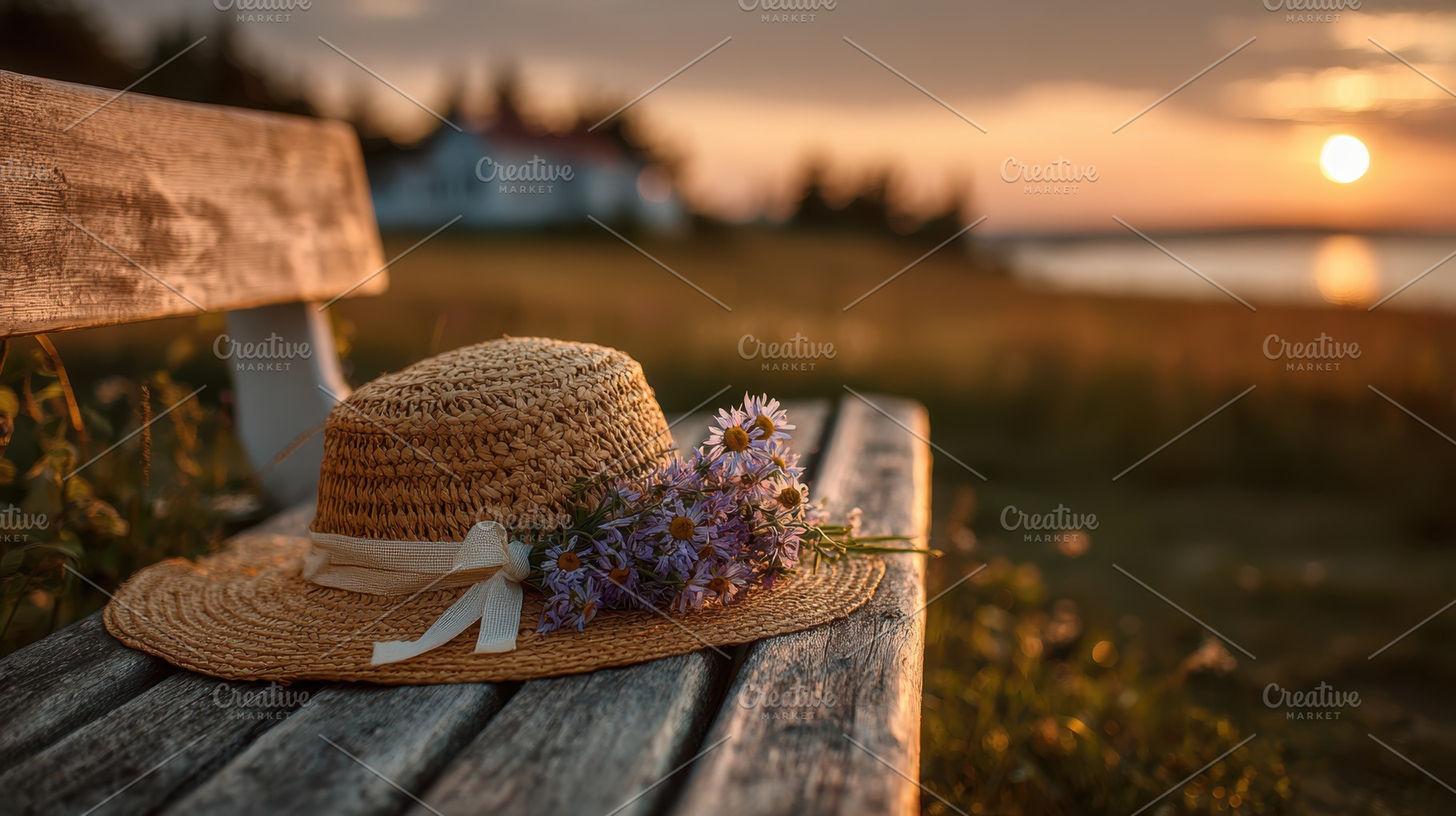 Straw hat with flowers on a bench at sunset, a Nature Photo by AlyaAnd