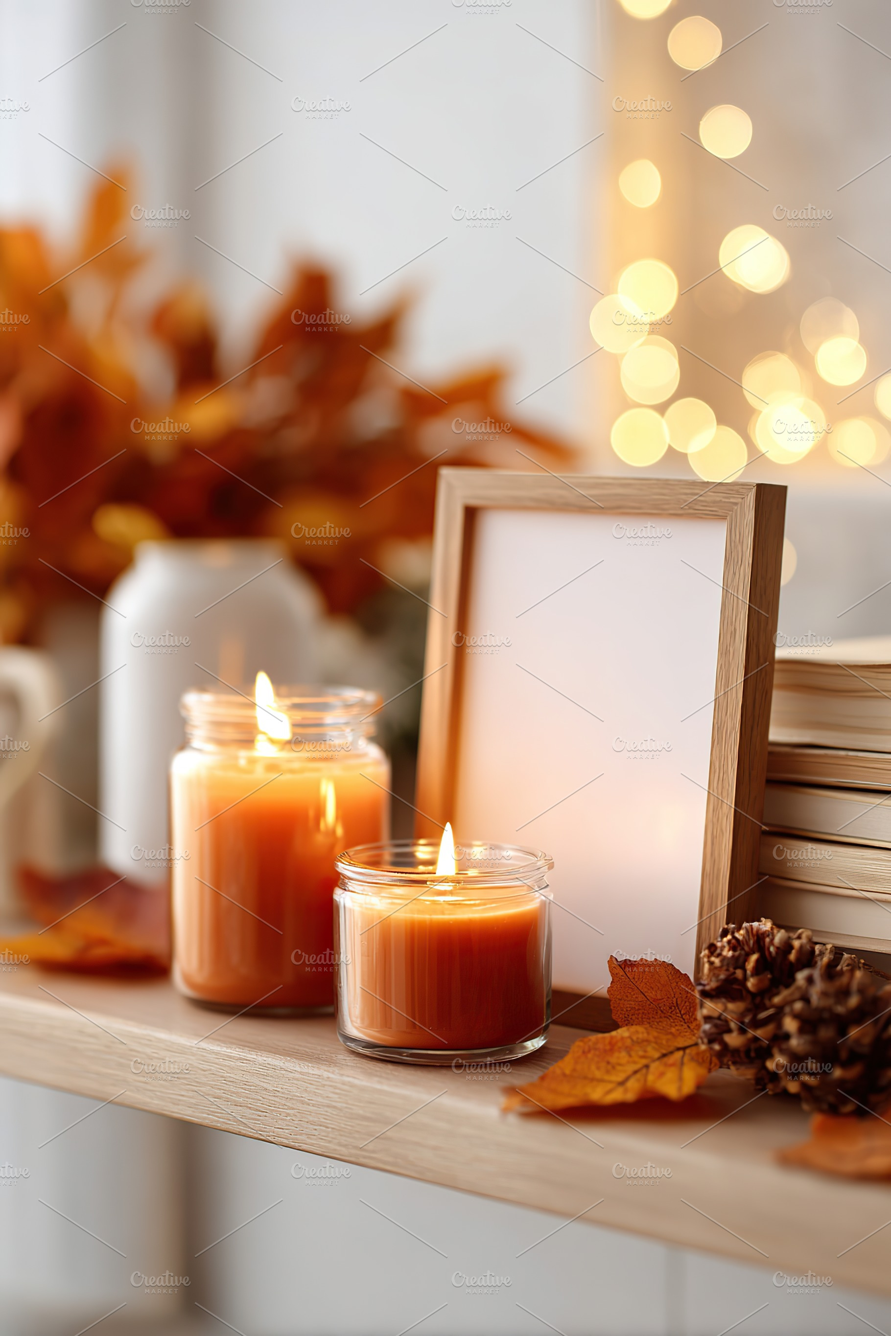 Warm candlelight adorns cozy autumn decor with glowing lights and fall leaves, a Photo by AlyaAnd