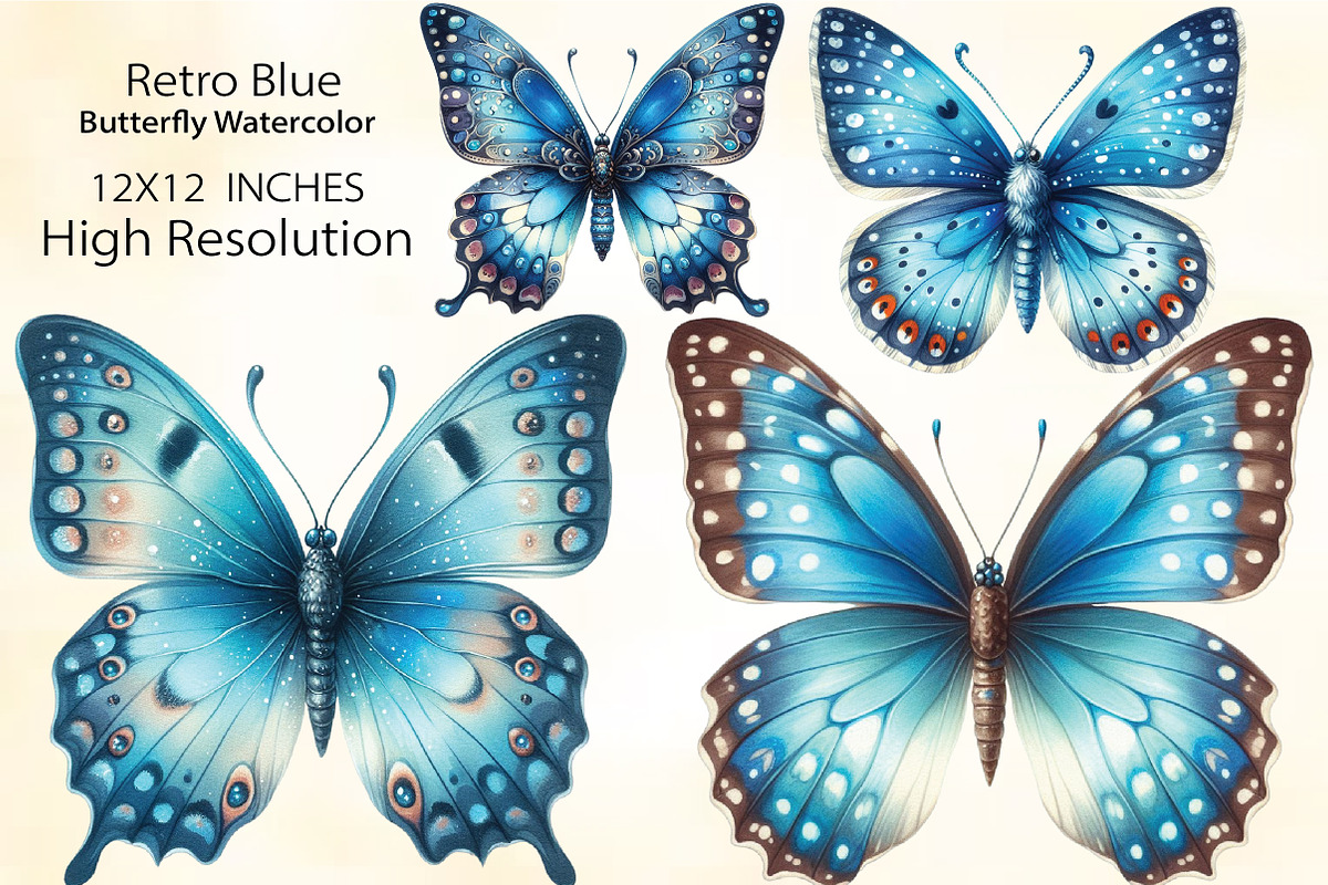 Retro Blue Butterfly Watercolor, an Illustration by CraftArtStudio (Photo 2 of 3)