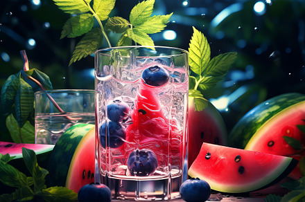 Fresh tropical cocktail with watermelon and ice with tropical trees and plants, a Food & Drink Photo by Natalia Klenova's Shop