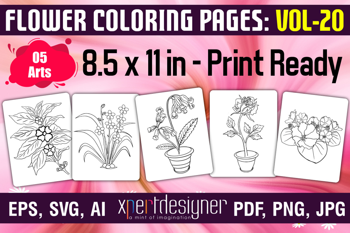 Flower Coloring Pages | Vol - 20, an Illustration by XPERTDESIGNER (Photo 1 of 2)