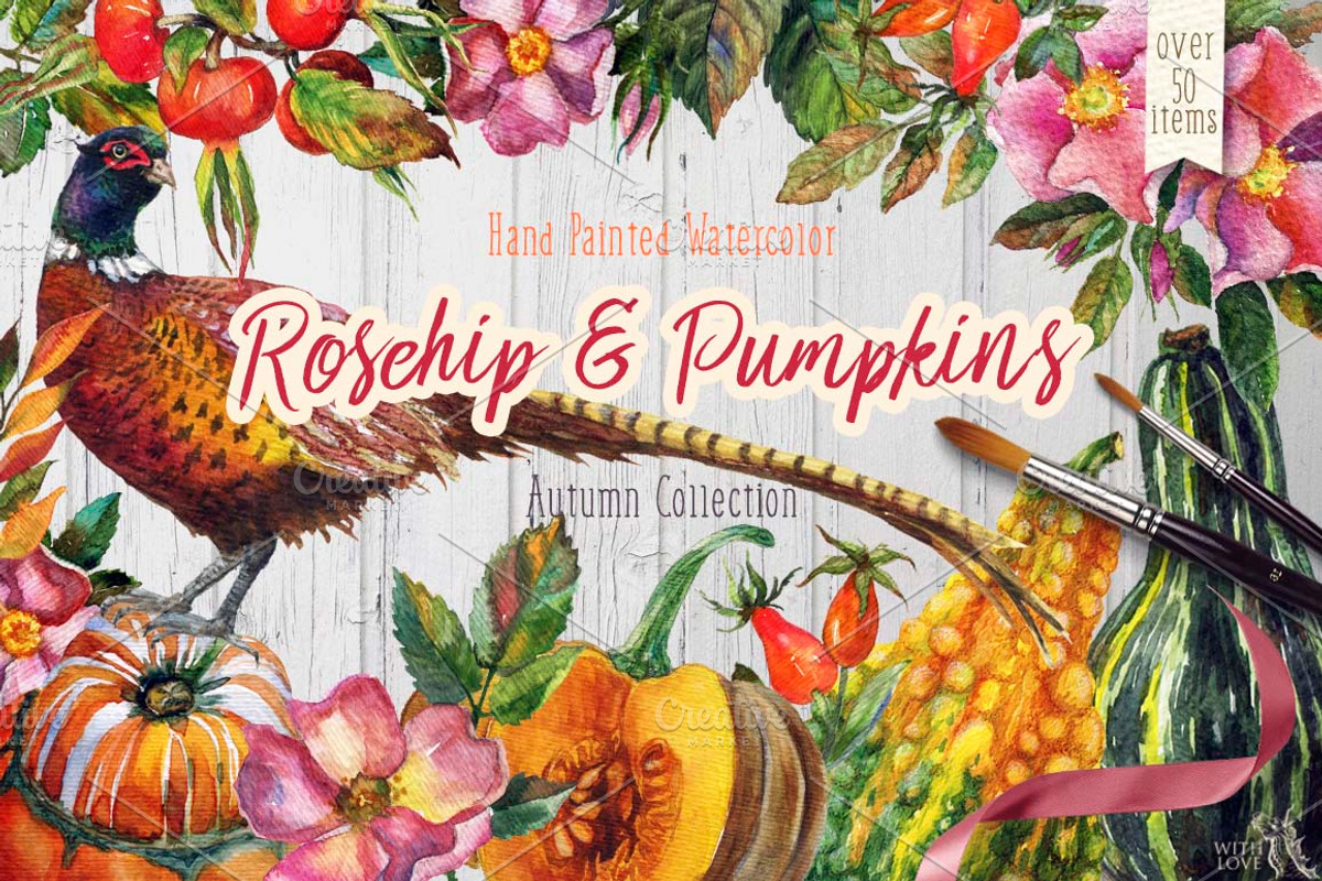 Watercolor Rosehip & Pumpkins Set, an Illustration by Fluffy Unicorn (Photo 1 of 9)