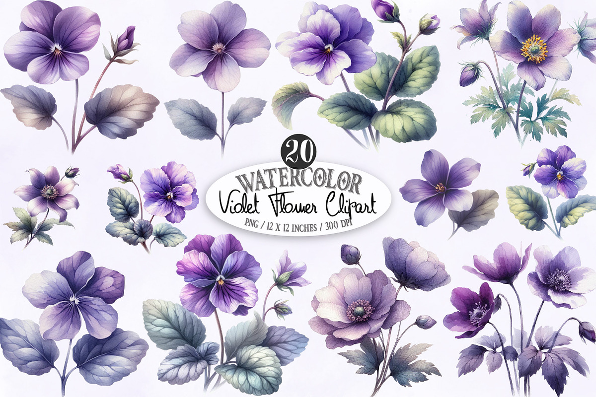 Violet Flower Watercolor Clipart, an Illustration by Designking (Photo 1 of 4)
