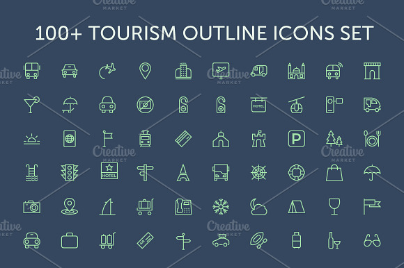 100 Tourism Outline Icons Set
