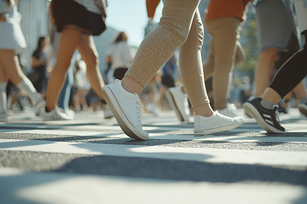 Closeup of people legs crossing the street on the crosswalk, a Person Photo by AlyaAnd