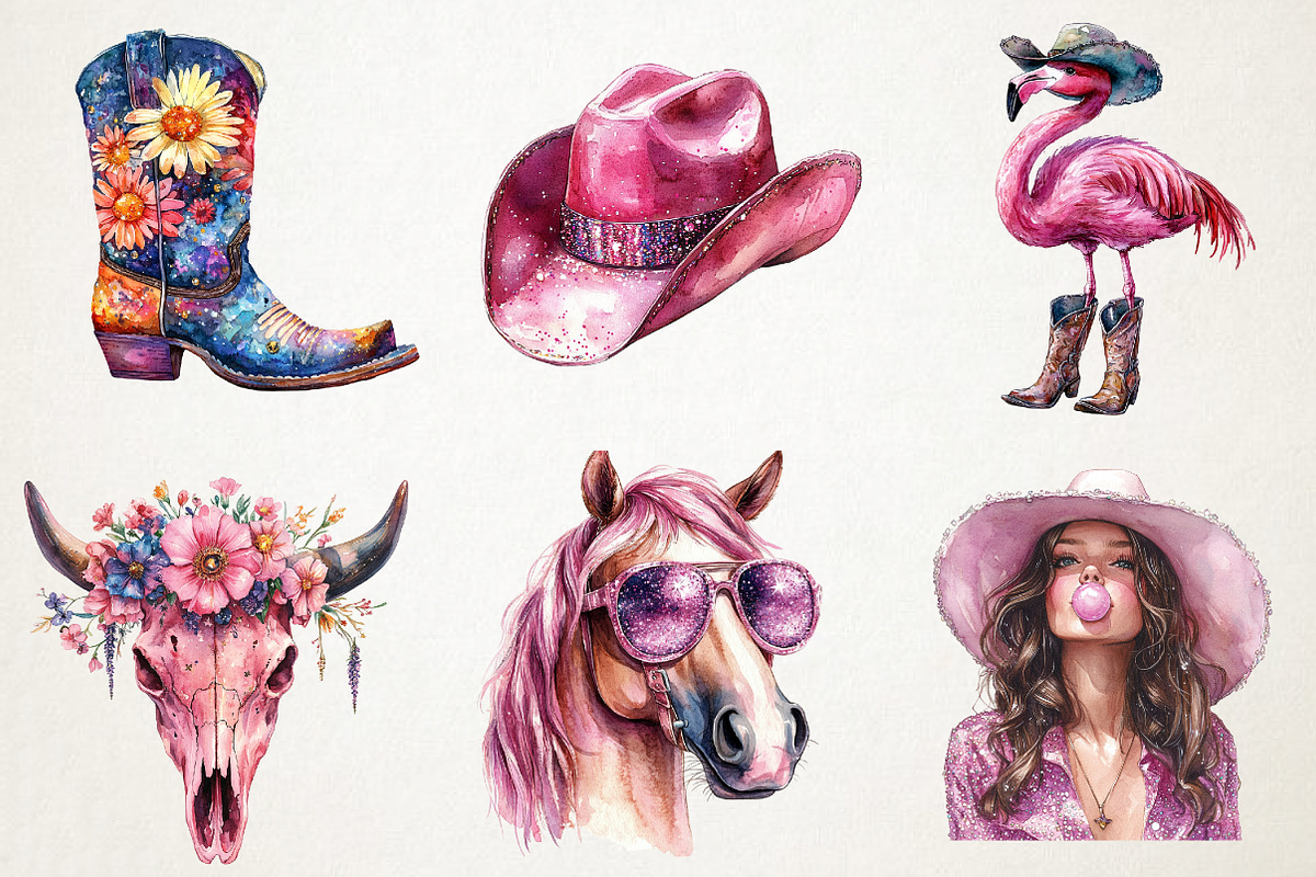 Pink Disco Cowgirl Watercolor Clipar, an Illustration by RobertsArt (Photo 6 of 7)