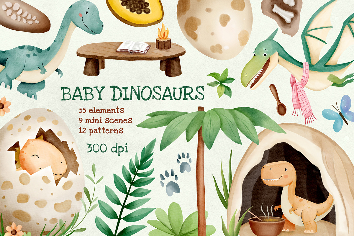 Baby Dinosaurs. Watercolor clipart, an Illustration by Hanna's ArtLab (Photo 1 of 5)