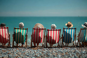 Seniors relax on beach chairs ocean, a Photo by Pixeness Studio