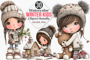 Watercolor Winter Kids Clipart, an Illustration by Canvas Craft