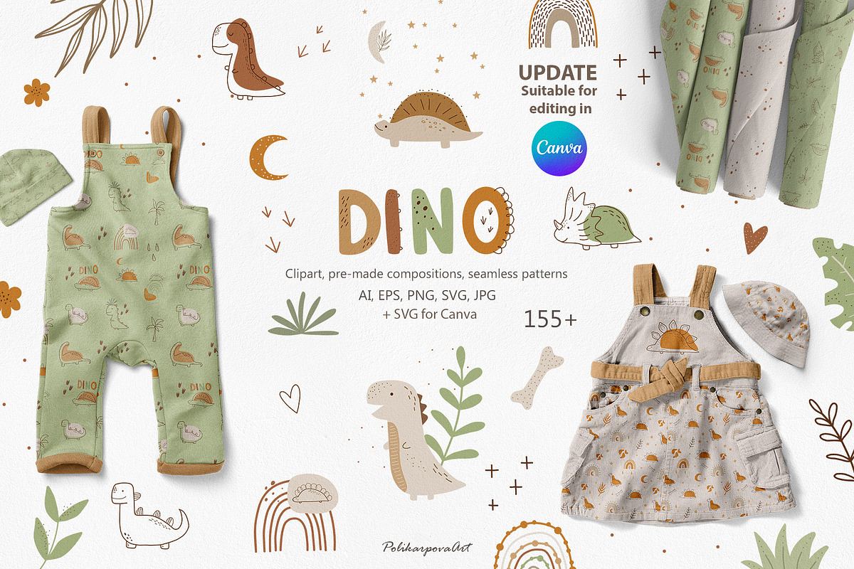 Dinosaur clipart and pattern kids, an Animal Illustration by polikarpovaart (Photo 1 of 12)