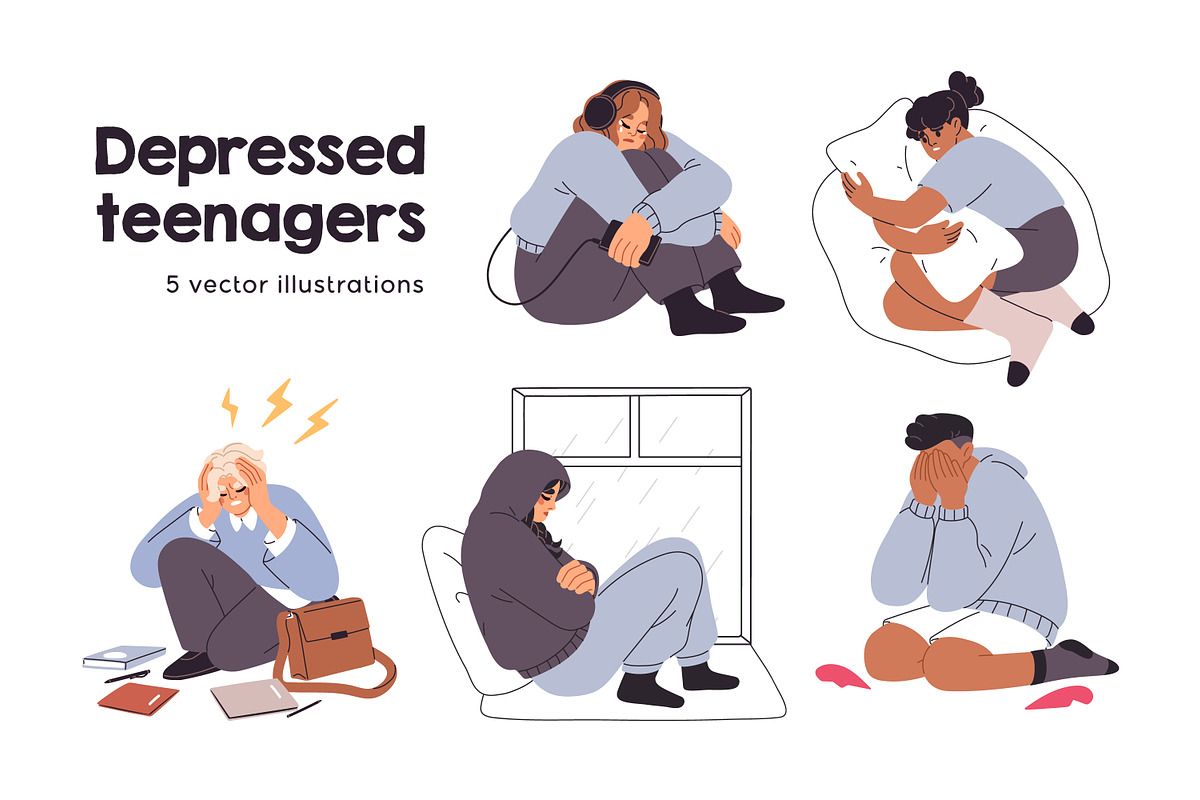 Depressed teenagers. Sad teens set, a Person Illustration by Good Studio (Photo 1 of 6)